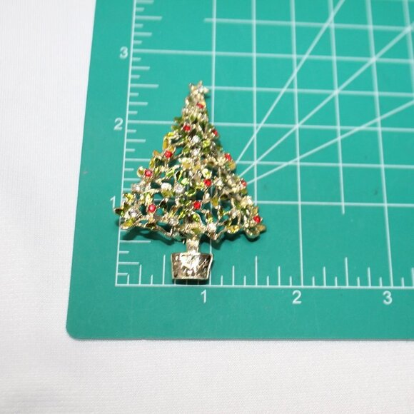 Vintage Gold Tone Christmas Tree with Red and Clear Rhinestones - Picture 7 of 10